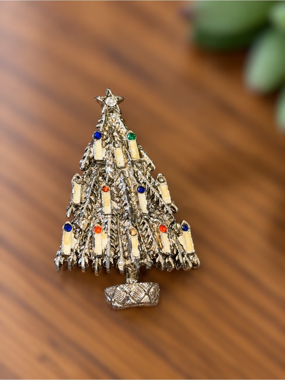 Vintage Silver-Tone Christmas Tree Brooch with Candles & Multicolor Rhinestones